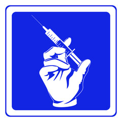 Hand in glove holding syringe sign