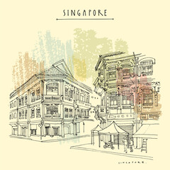 Fototapeta premium Vector Singapore touristic vacation guide illustration. Singapore cityscape, old town retro poster. Artistic travel sketch. Hand drawn vintage touristic postcard, poster, booklet illustration
