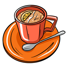 Coffee in a mug. Coffee with milk in a mug. Cafe. A restaurant. Cartoon style.