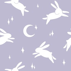 seamless childish pattern with cute white bunnies, rabbits, moon, stars.	