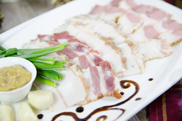 various types of lard Russian appetizer for vodka with mustard garlic and green onions