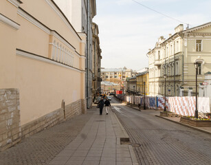 Moscow, Russia. Pedestrian zone at Zabelina street. Old houses