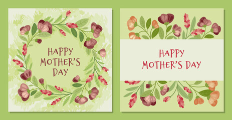 Mother's day - set of cards with Summer flowers in flat style. Vector Frame, poster, banner, template. Hello spring and summer. Spring mood. 