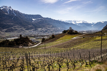 Saillon, Switzerland 28.03.2021 - Martigny, Crevasse, Saillon Castle, Pierre Avoi, vineyards in Spring,  Farinet hike