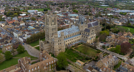 An aerial view of the magnificent Ely Cathedral in Cambridgeshire, UK