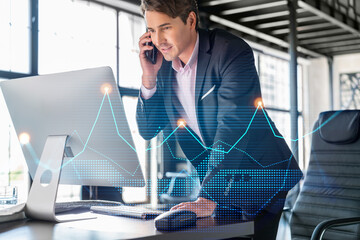 Businessman in suit has conference call to optimize trading strategy at corporate finance fund....