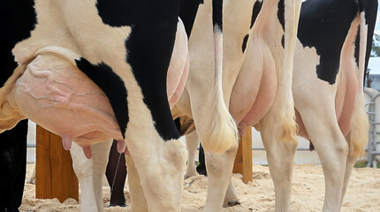 Udder of cows on a farm in a stall - obrazy, fototapety, plakaty