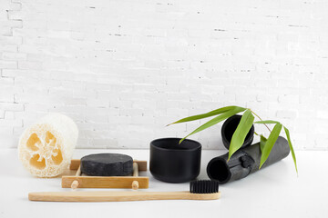 Natural bamboo charcoal cosmetic products. Deodorization, air filtration concept.