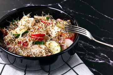 Fresh vegetables salad with lucerne sprouts and feta cheese.