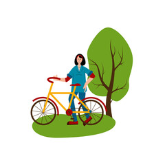 Young woman is going to ride a bike. Hobby. Bicycle for travel. Flat style Vector Illustration.