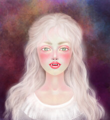 illustration of beautiful attractive pretty vampire girl woman. Blonde beauty with fangs. Portrait on a dark background