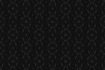 3d volumetric convex geometric black background. Embossed oriental islamic pattern with abstract ethnic elements. Design for presentations, websites, textiles, coloring.