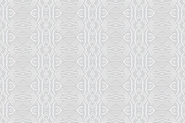 Fototapeta premium 3d volumetric convex geometric white background. Embossed ethnic pattern. Oriental, Islamic, Arabic, Maracan motives. Ornament for wallpapers, presentations, textiles, websites.
