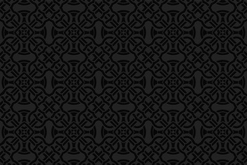 3d volumetric convex geometric black background. Embossed ethnic graceful pattern. Oriental, Islamic, Arabic, Maracan motives. Ornament for wallpapers, presentations, textiles, websites.