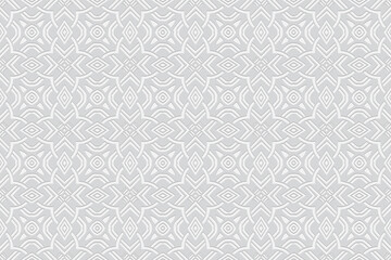 3d volumetric convex geometric white background. Embossed ethnic exotic pattern. Oriental, Islamic, Arabic, Maracan motives. Ornament for wallpapers, presentations, textiles, websites.