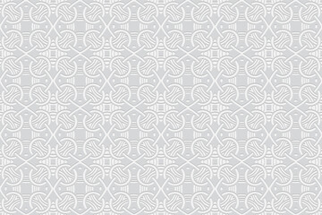 3d volumetric convex geometric white background. Embossed ethnic abstract curly pattern. Oriental, Islamic, Arabic, Maracan motives. Ornament for wallpapers, presentations, textiles, websites.