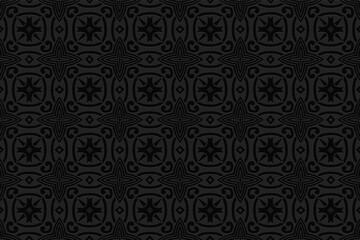 3d volumetric convex geometric black background. Embossed ethnic trendy curly pattern. Oriental, Islamic, Arabic, Maracan motives. Ornament for wallpapers, presentations, textiles, websites.