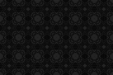 3d volumetric convex geometric black background. Embossed ethnic beautiful exotic pattern. Oriental, Islamic, Arabic, Maracan motives. Ornament for wallpapers, presentations, textiles, websites.