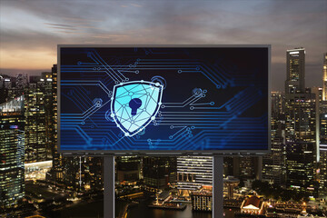 Padlock icon hologram on road billboard over panorama city view of Singapore at night to protect...