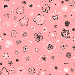 Cute Doodle Flowers and Scribbled Elements Seamless Pattern. Hand Drawn Floral All Over Print on Pink Background. 