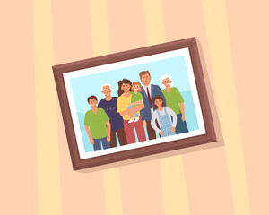 A framed portrait of a large family hanging on the wall. Cartoon flat illustration.