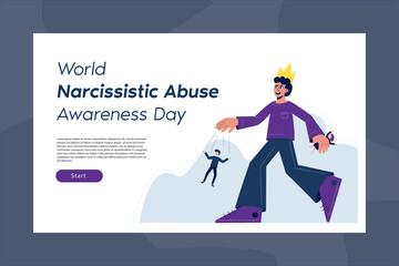 World Narcissistic Abuse Awareness Day. Landing page template with flat character. A man with a crown on his head is a symbol of an abuser and a manipulator.