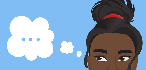 Girl with thinking bubble vector illustration. Cartoon beautiful young woman thinks, lady character portrait with eyes, cute hairstyle and thought balloon banner design isolated on blue background