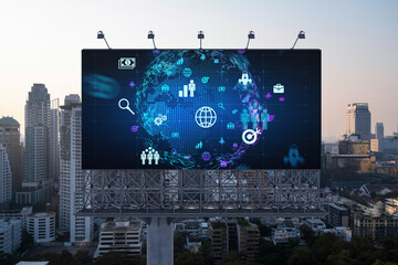 World planet Earth map hologram of social media icons over sunset panoramic cityscape of Bangkok, Southeast Asia. The concept of people connections.