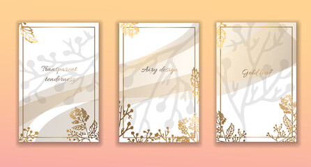 Gold frame. Set of gilded leaves and branches. Modern spot design. Vector illustration.