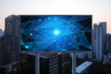 Glowing hologram of technological process on billboard, aerial panoramic cityscape of Bangkok at sunset. The largest innovative hub of tech services in Southeast Asia.