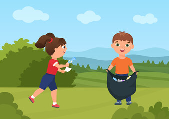 Happy children collect garbage trash in green nature summer landscape vector illustration. Cartoon boy child volunteer holding bag, girl cleaning, collect plastic bottle, kids volunteering background