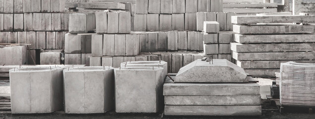 Storage of concrete blocks in a warehouse. Concrete structures at the construction site....