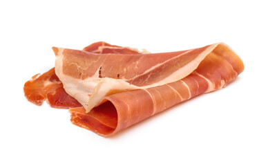 Piece of jamon on white background. Close up