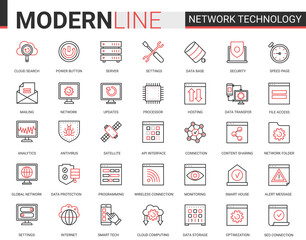 Network technology red black outline line icons vector illustration