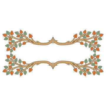 Rectangular horizontal frame with stylized tree branches. Medieval illuminated manuscript style.