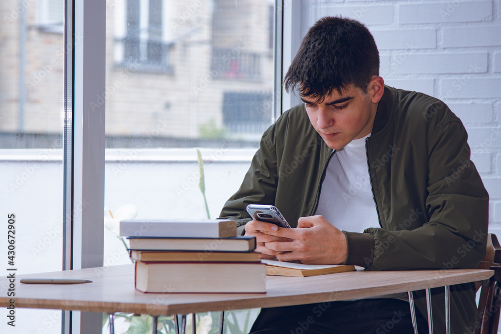 Sticker student with books and mobile phone studying at home