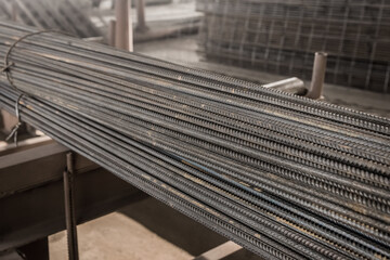 Reinforcement of concrete structures on plant. Armature storage materials in industrial workshop. Fitting manufacturing