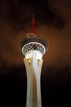 LAS VEGAS, UT, SEPTEMBER 12: Stratosphere Casino hotel with attraction at the top at night - Las Vegas, Unites States