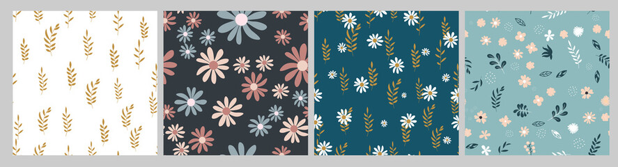 Fototapeta na wymiar Seamless Pattern Background with Simple Flower Design Elements set. Vector Illustration