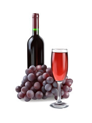 Bottle and glass of red wine with a bunch of grapes. 3d illustration