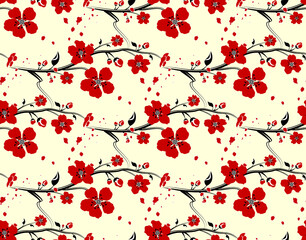 seamless pattern with red sakura flowers