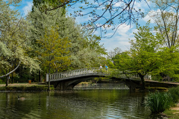 Fototapeta na wymiar Paris, France 28-04-2021: a bridge over a lake at the ibis park in Vesinet during the spring