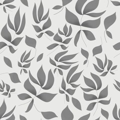 Seamless floral pattern, dark gray leaves on light gray background. Hand drawing illustration