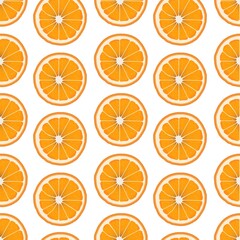 Seamless pattern of fresh orange slices on a white background. Organic fruits. Cartoon style. Vector illustration for design.