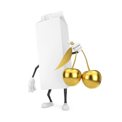 Blank Milk or Juice Carton Box Cartoon Character Mascot Person with Fresh Golden Cherry Fruit with Leaf in Hand . 3d Rendering