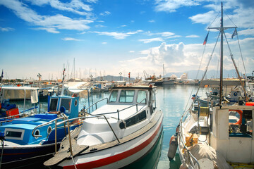 Boats anchored in a marina in Greece