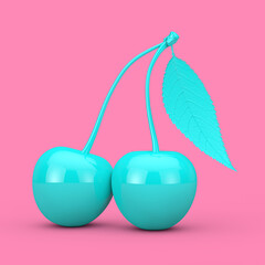 Fresh Blue Cherry Fruit with Leaf in Duotone Style. 3d Rendering