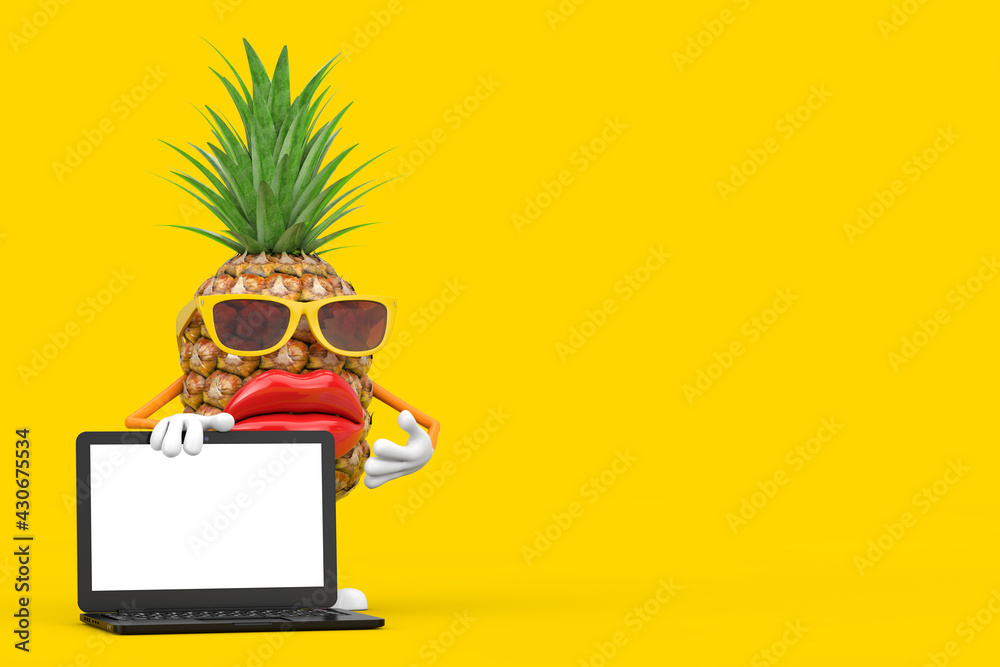 Aufkleber fun cartoon fashion hipster cut pineapple person character mascot with modern laptop computer notebo