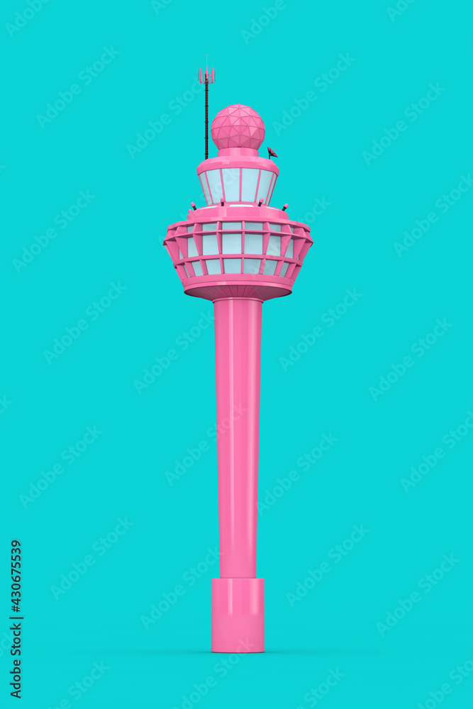 Poster pink airport air traffic control tower building in duotone style. 3d rendering