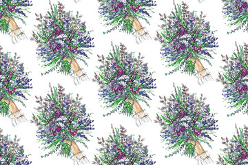 Seamless pattern. A bouquet of wildflowers is held by a hand.